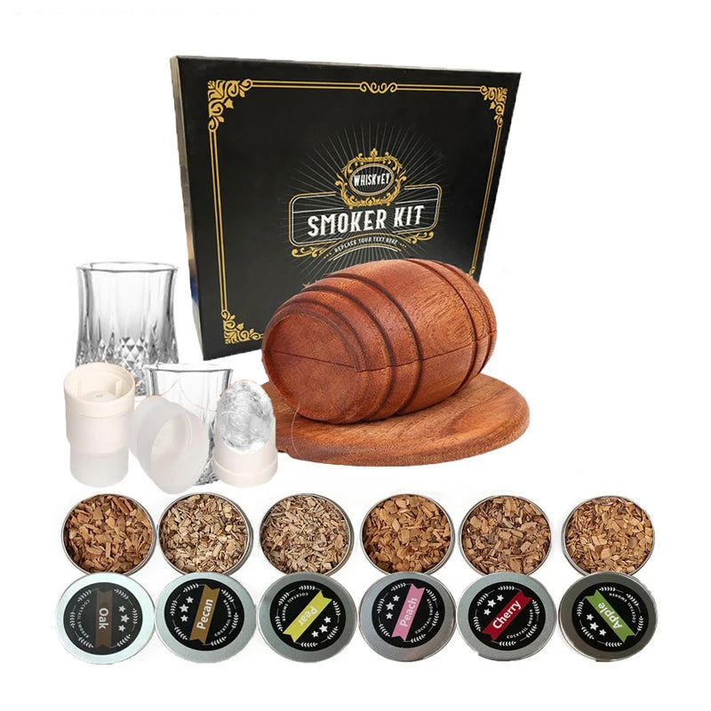 Big cocktail smoker set - Hållaren formad som en whiskytunna med 6 olika smaker med tillbehör