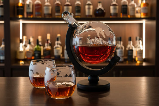 Jordglobs Whiskykaraff Set med Blyfri Karaff, Exklusivt Träställ och 2 Glas - Premium Present