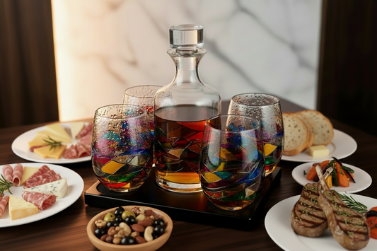 Artisanal Hand Painted Glassware Gift for Mom, Wife, Friend - Artisanal Barcelona Hand Painted Whiskey & Wine Decanter Set, Rennesance Romantic Stain-glassed Windows Glasses - Mothers Day-0