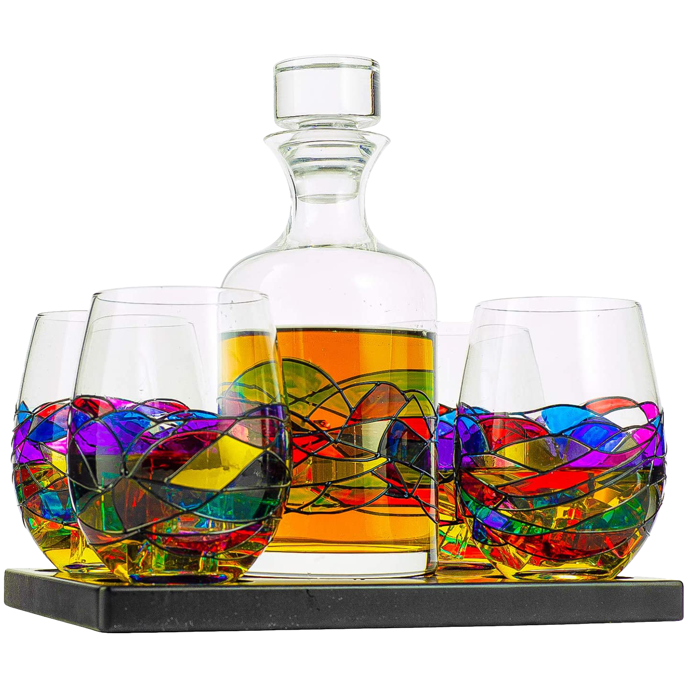 Artisanal Hand Painted Glassware Gift for Mom, Wife, Friend - Artisanal Barcelona Hand Painted Whiskey & Wine Decanter Set, Rennesance Romantic Stain-glassed Windows Glasses - Mothers Day-1