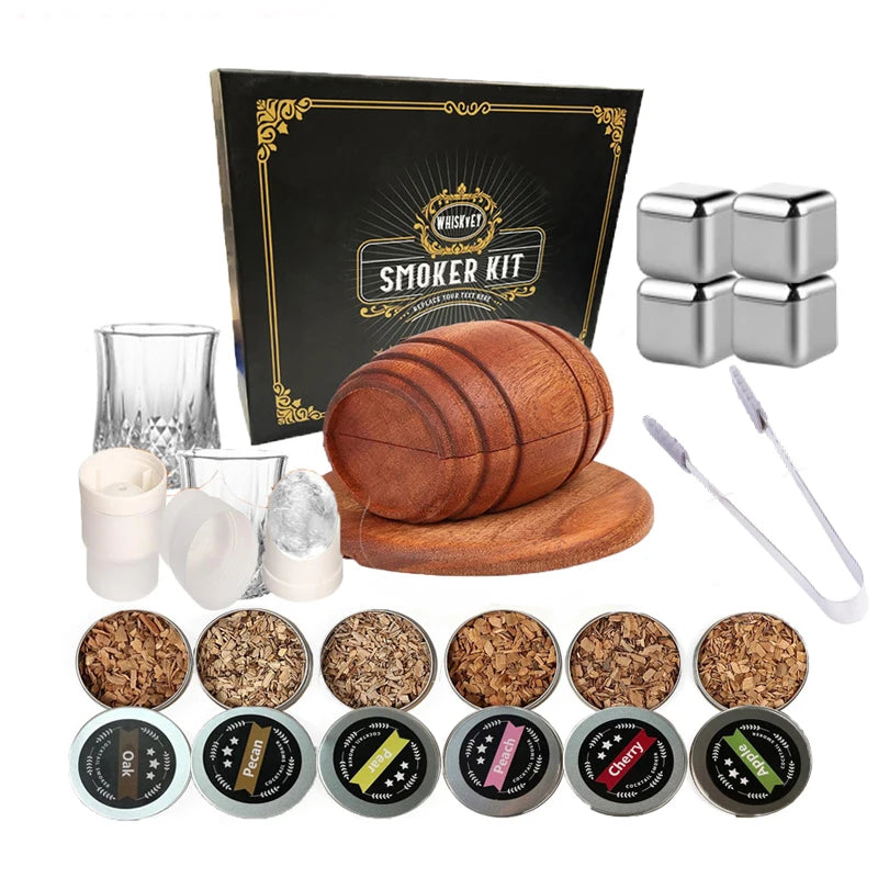 Big cocktail smoker set - Hållaren formad som en whiskytunna med 6 olika smaker med tillbehör
