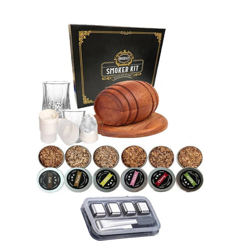 Big cocktail smoker set - Hållaren formad som en whiskytunna med 6 olika smaker med tillbehör
