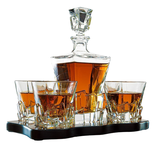 Crystal Wine and Whiskey Iceberg Mountain Glacier Decanter with 4 Glasses and Wood Tray - The Wine Savant-0